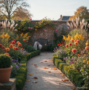 UK garden in autumn with leaves, borders and a clear path.