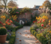UK garden in autumn with leaves, borders and a clear path.